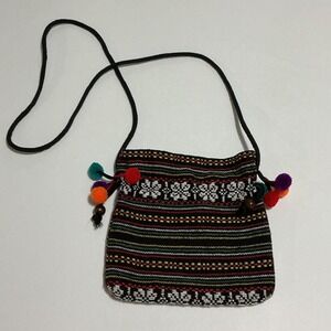 Woven Crossbody Bag Purse Colorful Pom Pom Bohemian Festival